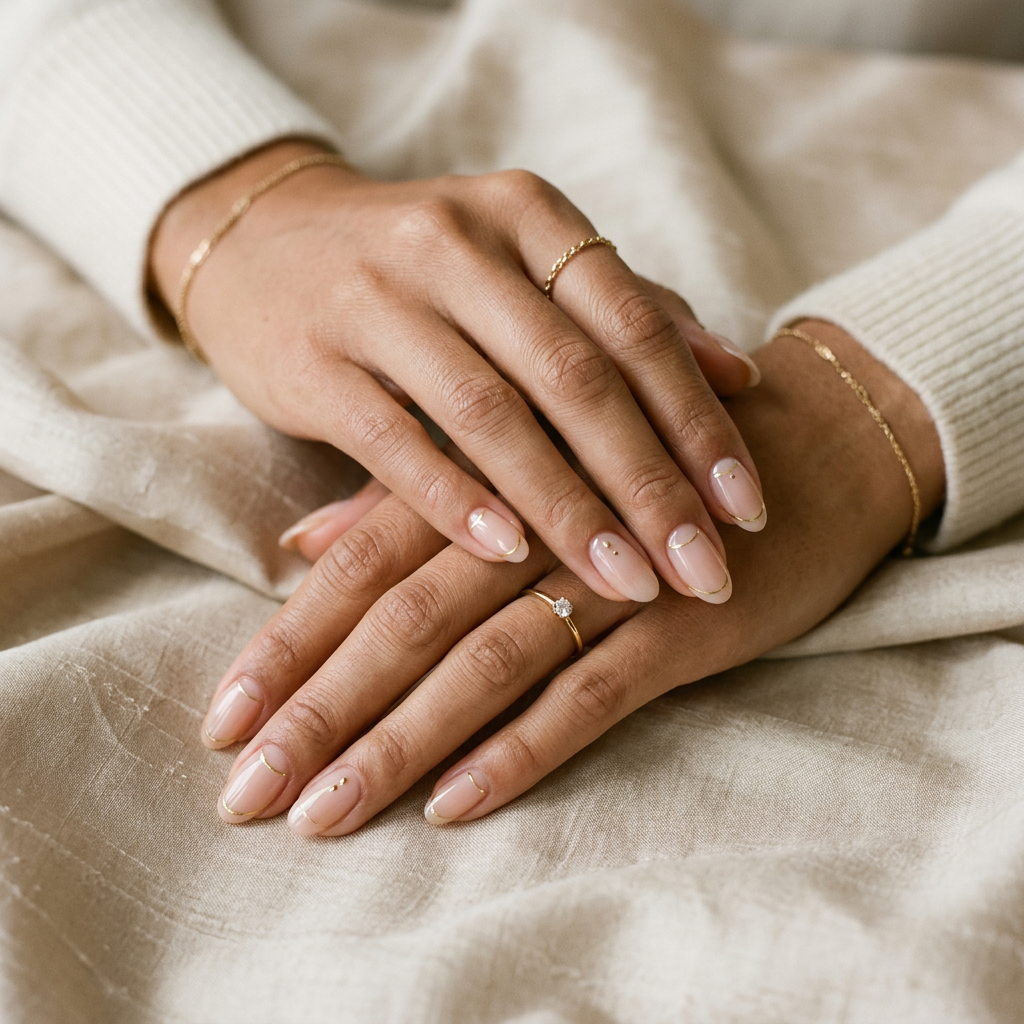 Hands with nude polished nails featuring fine gold lines and dots, wearing gold rings and bracelets